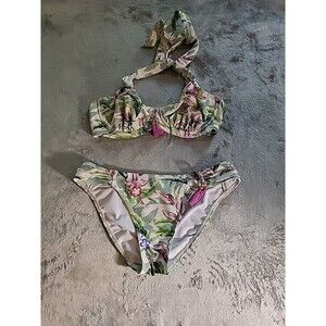 FIG LEAVES Swimsuit Womens Bikini Sz 32F Medium Green Pink Floral Foilage Swim